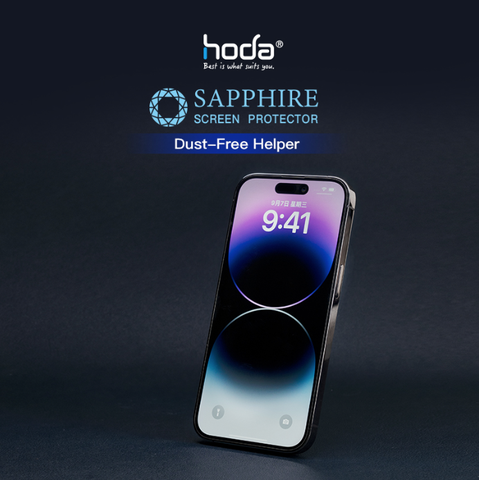 Miếng dán cường lực kèm khung trợ dán HODA Sapphire cho iPhone 14 series (Dust-Free)