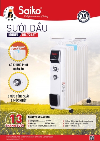 Máy sưởi dầu Saiko OR-7213T- 13 thanh sưởi