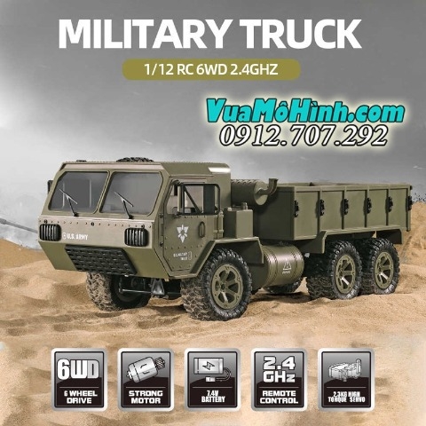 Xe tải quân sự điều khiển từ xa US Military Truck 1/16 dẫn động 3 cầu 6WD 6x6 có vi sai, điều tốc, servo, đèn pha