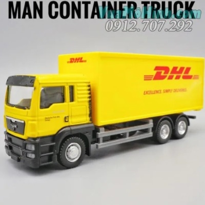 Mô hình xe ô tô tải chở hàng DHL tỉ lệ 1:64 chất liệu hợp kim, màu vàng