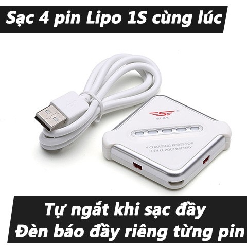 Sạc pin LiPo 4 in 1 - Có thể sạc 4 pin LiPo 1s cùng lúc, cổng sạc usb tiện lợi, tự ngắt và báo đèn LED khi đầy pin.