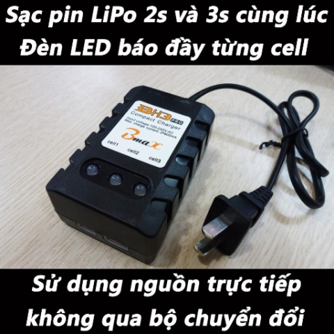 Sạc BH 3 Pro - Sạc cùng lúc pin LiPo 2S và 3S, có đèn LED báo đầy riêng từng cell pin, cắm điện trực tiếp không cần bộ chuyển đổi rời.