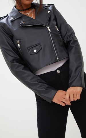 BLACK PU BIKER JACKET WITH ZIPS