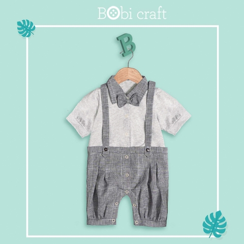 Quần áo trẻ em Bobicraft - Bộ đồ liền thân bodysuit Romper quần yếm bé trai linen xám - Cotton hữu cơ organic an toàn