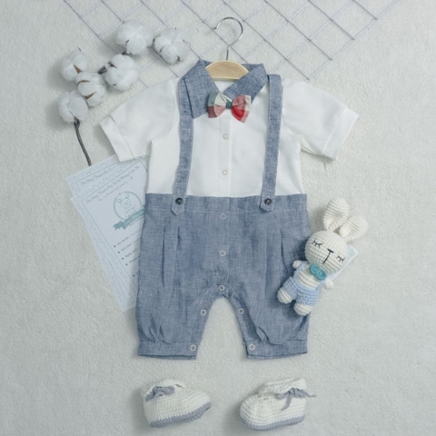 Quần áo trẻ em Bobicraft - Bộ đồ liền thân bodysuit Romper quần yếm bé trai linen xanh - Cotton hữu cơ organic an toàn