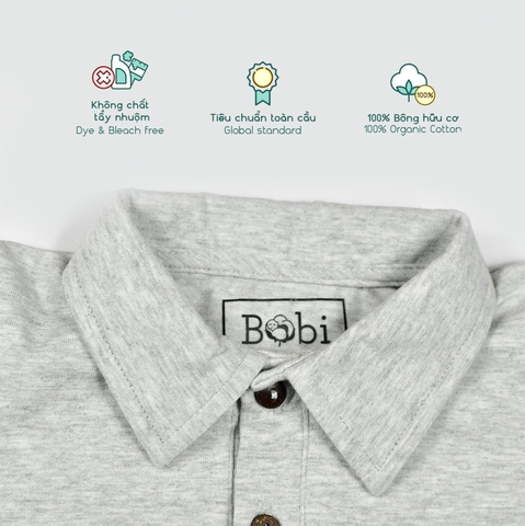 Quần áo trẻ em Bobicraft - Áo thun bé trai cổ bẻ màu xám - Cotton hữu cơ organic an toàn
