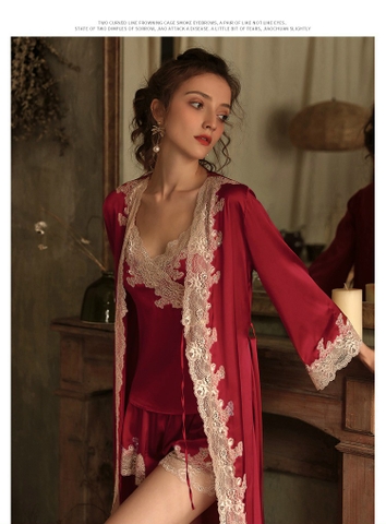 Áo choàng ngủ phối ren đính đá chất liệu lụa satin cao cấp kèm bộ ngủ 2 dây đùi hàng chuẩn XỊN
