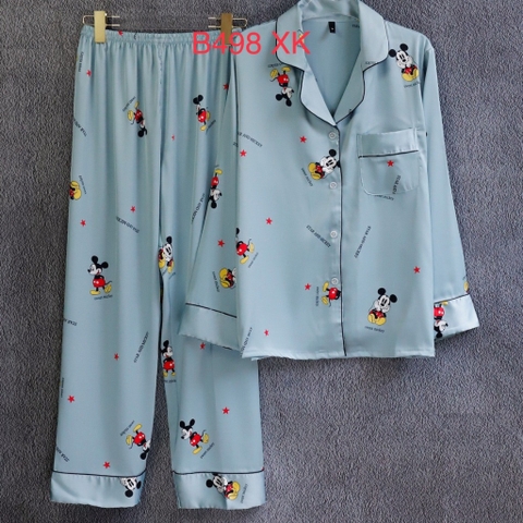 Bộ ngủ pijama lụa cao cấp quần dài tay dài chuộtmickey có túi áo