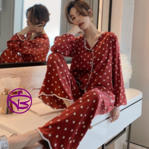 Bộ đồ ngủ pijama lụa quần dài tay dài chấm bi chất lụa đẹp cao cấp