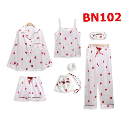 Bộ ngủ Pijama lụa 7 món chấm hình trái dâu