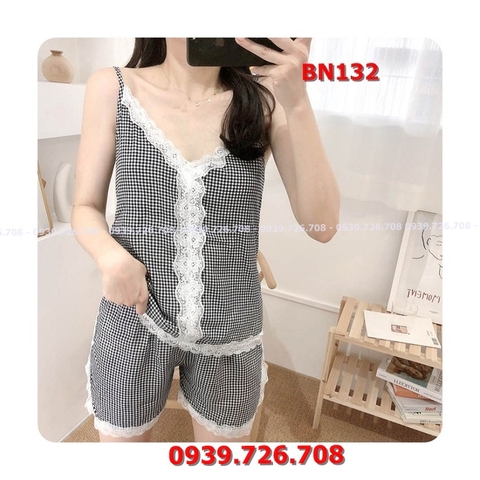 Bộ ngủ đùi 2 dây viền ren chất cotton lụa mịn mát