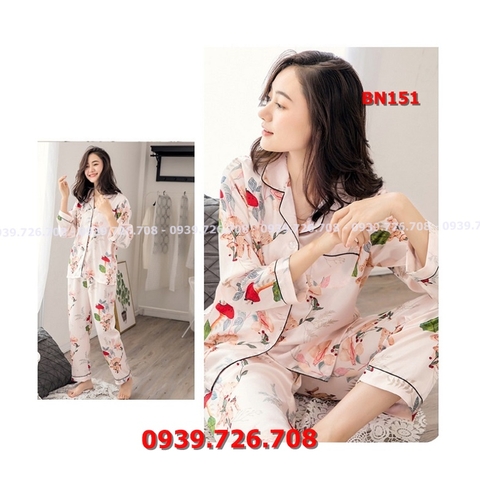 Bộ ngủ pijama quần dài tay dài họa tiết hoa chất lụa đẹp