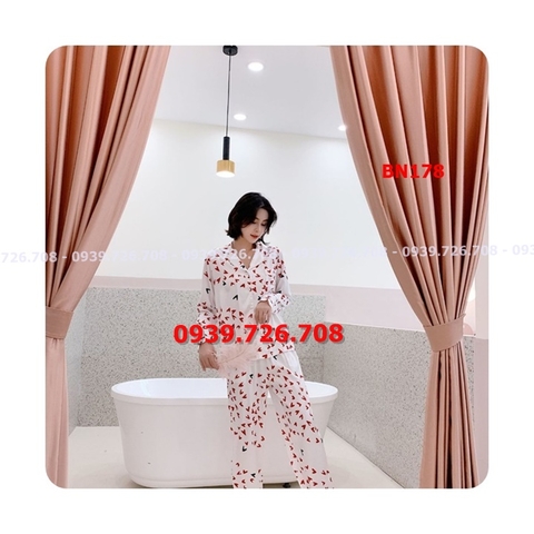 Bộ ngủ lụa satin Pijama quần dài có tùi hàng chuẩn cao cấp