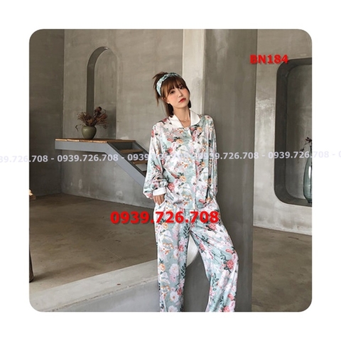 Bộ ngủ pijama lụa satin hoa quần dài tay dài hàng cao cấp chuẩn đẹp