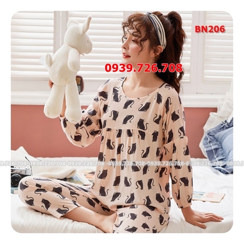 Bộ ngủ cotton lụa cổ tròn con mèo quần dài tay dài mịn mát