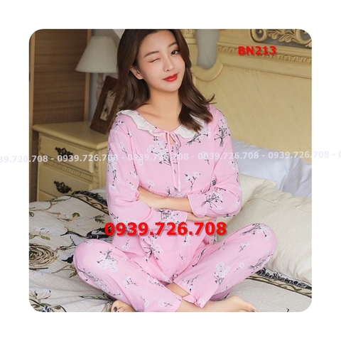 Bộ ngủ cotton lụa tay dài quần dài cổ bèo nơ giữa