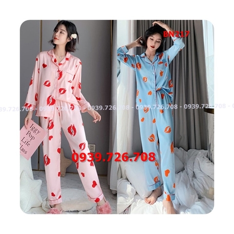 Bộ ngủ pijama lụa satin quần dài tay dài hình cái môi hàng cao cấp