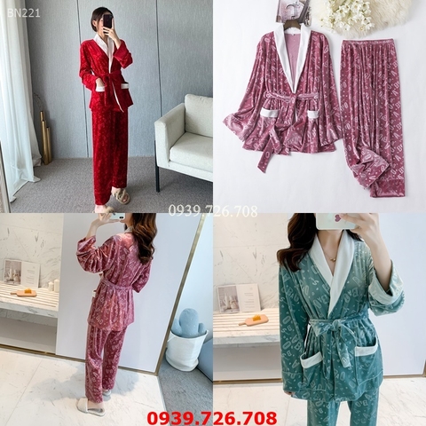 Đồ bộ mặc nhà cao cấp - Bộ ngủ quần dài tay dài mùa đông kiểu dáng pijama cột dây chất nhung siêu sang