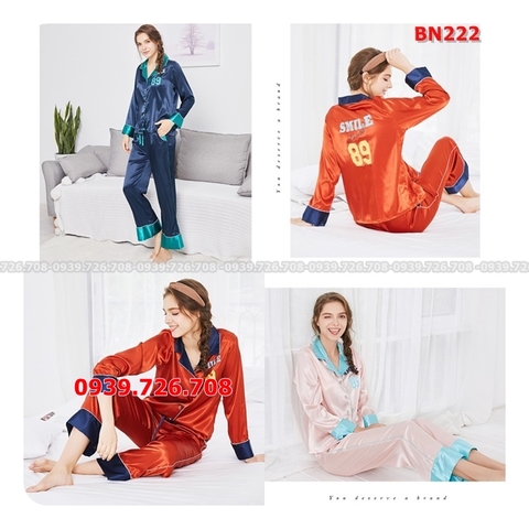 Bộ ngủ Pijama lụa quần dài tay dài trơn viền lưng chữ