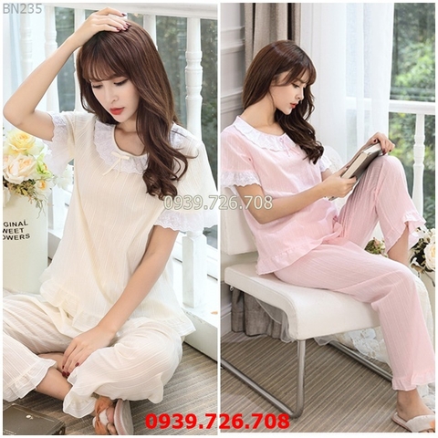 Đồ bộ mặc nhà quần dài tay ngắn - Đồ ngủ nữ chất cotton đũi phối ren công chúa hàng đẹp chuẩn MÀU hồng và vàng