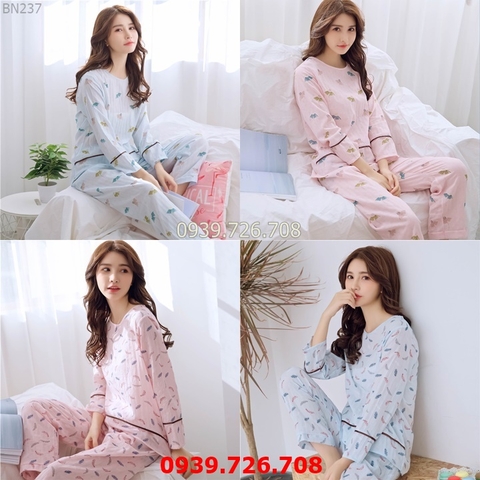 Đồ bộ mặc nhà quần dài tay dài - Đồ ngủ nữ chất cotton crepe nhẹ mát hàng đẹp chuẩn MÀU hồng và xanh