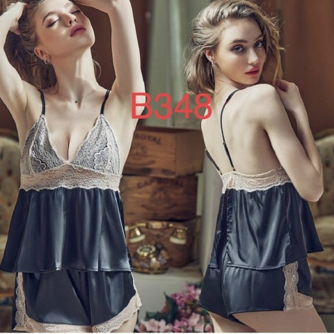 Bộ ngủ 2 dây quần đùi phối ren ngực chất lụa mịn mát hàng cao cấp