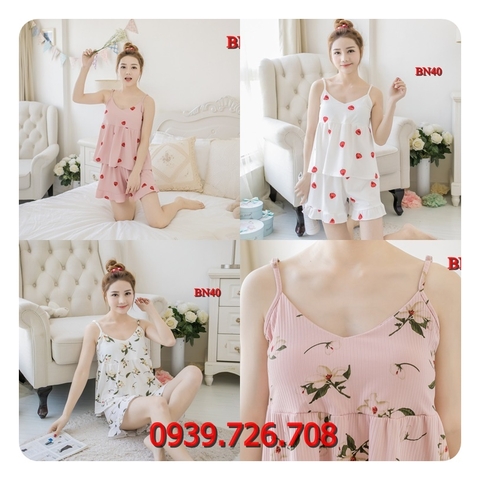 Bộ đồ ngủ nữ thun cotton pha thun lạnh kẻ sọc áo 2 dây quần đùi