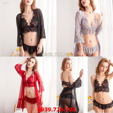 Đồ ngủ voan mỏng-Áo choàng ngủ nữ kết hợp bộ ngủ nội y bralette ren lưới sexy quyến rũ gợi cảm-MÀU xám