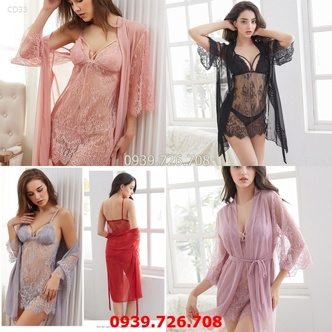 Áo choàng ngủ kết hợp đầm ngủ có mút-Váy ngủ xuyên thấu mỏng manh ren lưới quần lọt khe gợi cảm quyễn rũ MÀU đỏ