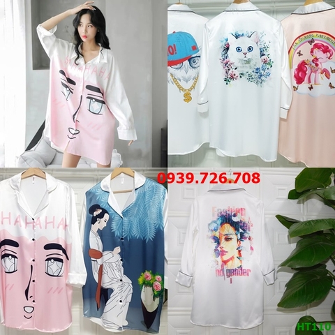 Đầm ngủ pijama kiểu dáng sơ mi hàng thiết kế chất vải lụa cao cấp - Váy ngủ sơ mi đẹp dài tay màu trắng in hình