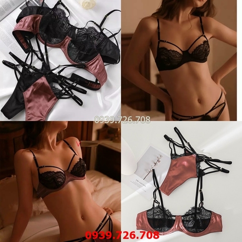 Bộ đồ lót ren cúp ngang cách điệu có gọng ko mút quần dây sexy