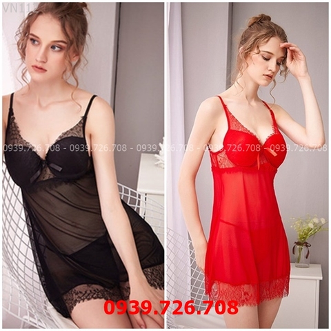 Váy ngủ sexy mỏng manh - Đầm ngủ đẹp quyến rũ đầm ngủ cô dâu gợi cảm kèm quần lọt khe có gọng mút ngực MÀU ĐEN ĐỎ