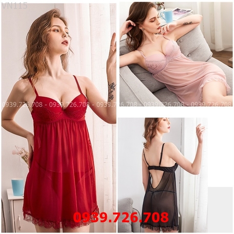 Đầm ngủ gợi cảm - Áo đầm váy ngủ 2 dây hở ngực quyến rũ sexy xuyên thấu kèm quần lọt khe có gọng mút ngực MÀU ĐỎ ĐEN DA