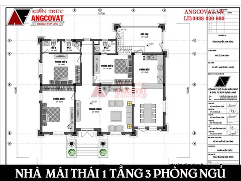 Tư vấn thiết kế bản vẽ nhà mái thái 1 tầng 3 phòng ngủ tiện nghi, khoa học