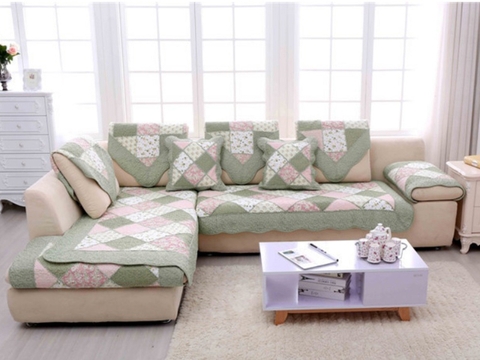 Thảm sofa 90x150cm - Xéo ô vuông hồng xanh lá - TSF01394
