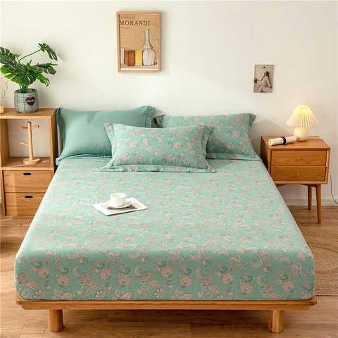 Drap bọc 180x200cm gồm 2 vỏ gối - Bông xanh ngọc  - DRP03017