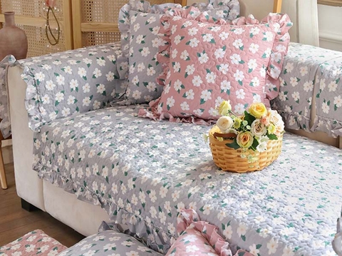 Thảm sofa 90x90cm - Hoa cúc trắng - nền xám xanh - TSF04490