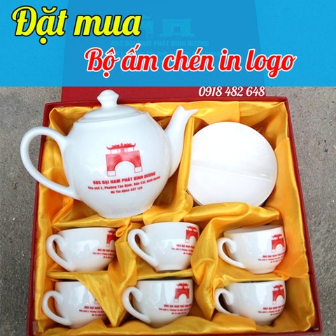 Đặt mua bộ ấm chén in logo như thế nào, gốm sứ Hoàng Phát