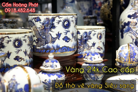 Bộ đồ thờ men lam vẽ vàng kim 24k cao cấp