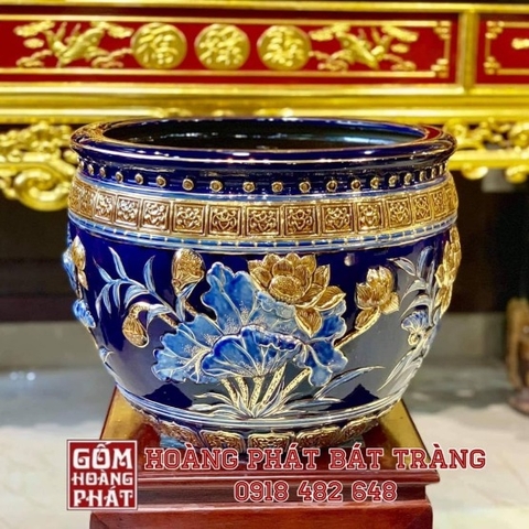 Thống phong thủy vẽ sen đắp nổi vàng kim cao cấp đường kính 50cm