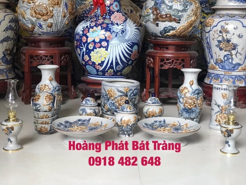 Bộ đồ thờ đắp nổi sen men rạn Bát Tràng cho ban thờ Phật SP4919