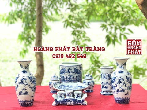 Bộ đồ thờ men lam xanh cổ gốm sứ Bát Tràng