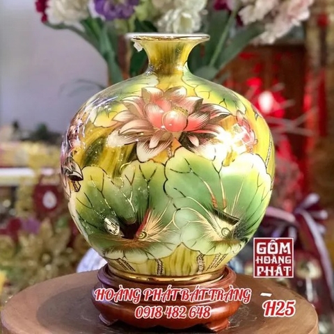 Bình hút tài lộc hoa sen liên hoa vàng kim cao cấp Bát Tràng H25 BHL364