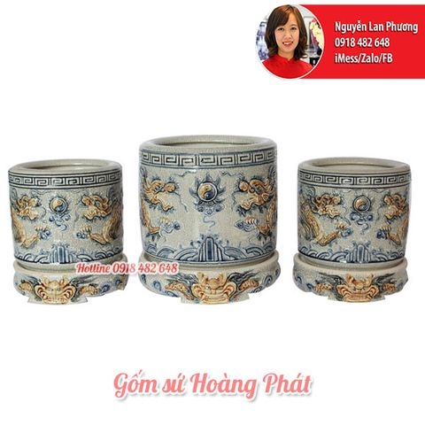 Bộ ba bát hương men rạn nổi Lưỡng long chầu nguyệt SP4863