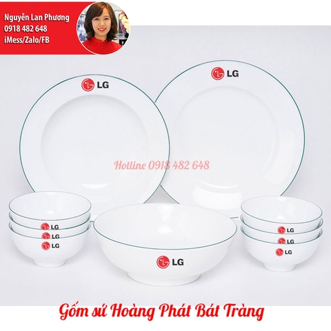 Bộ đồ ăn trắng 9 món viền chỉ xanh, in ấn logo cho công ty LG Việt Nam