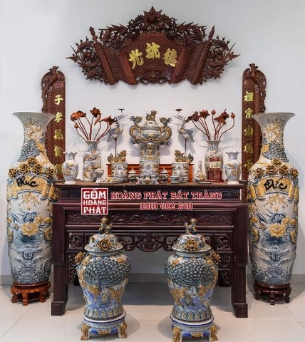 Bộ đỉnh hạc gốm sứ men rạn đắp nổi kỹ