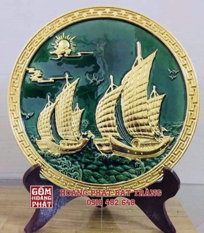 Đĩa cảnh Thuận buồm xuôi gió xanh ngọc lục bảo dát vàng cao cấp ĐK40cm
