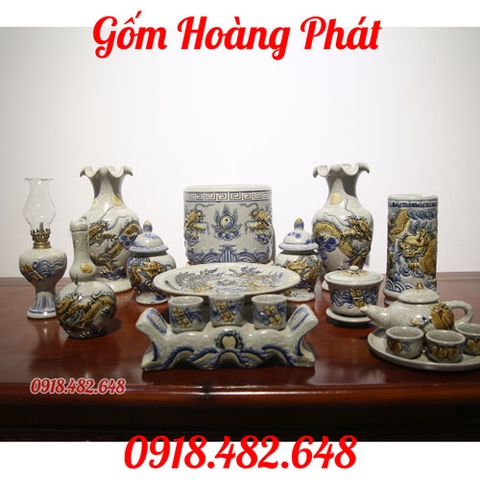 Bộ đồ thờ men rạn đắp nổi rồng cho ban thờ gia tiên treo, diện tích nhỏ DTR007