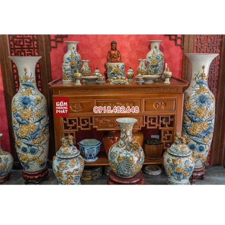 Bộ đồ thờ men rạn đắp nổi hoa sen cho phòng thờ Phật gốm sứ Bát Tràng SP5092