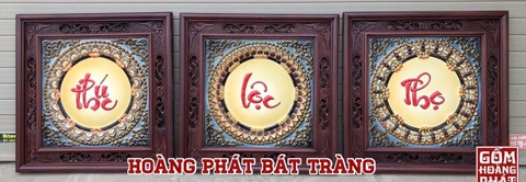 Bộ tranh phúc lộc thọ nền sứ khung hoa gỗ gụ